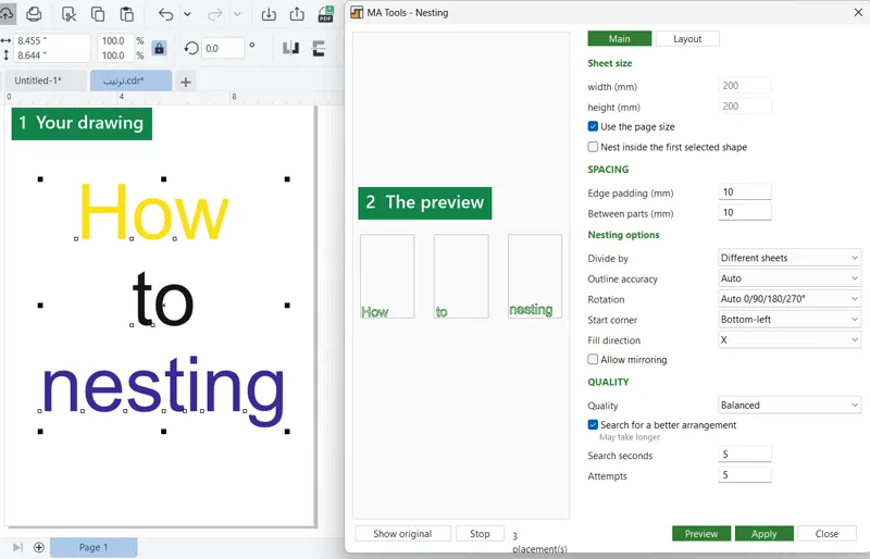 Three words in three colours, nested with Divide by: Different sheets. The preview puts each colour on its own sheet, before anything changes in the drawing.