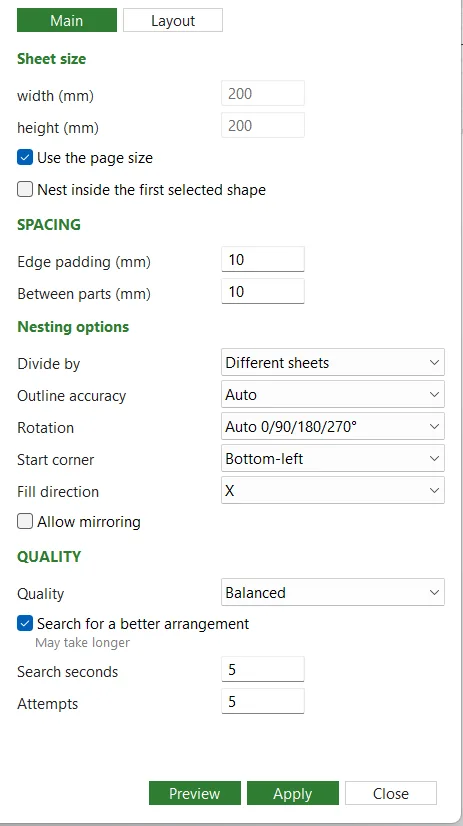 The Main tab: sheet size, spacing, sorting, rotation and quality.