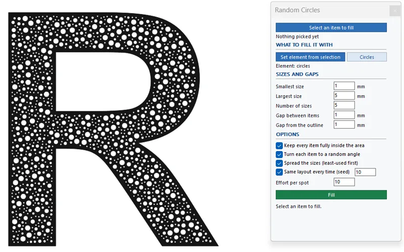 The letter R filled with circles of five sizes, each turned to a random angle.