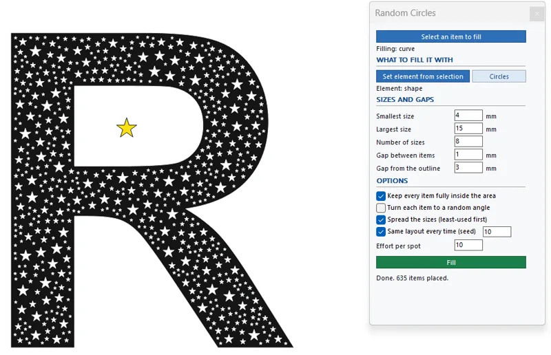The same letter filled with a star from the drawing instead: 635 stars placed in one click.