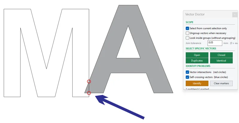 The M and the A overlap: their intersections are marked with red circles.