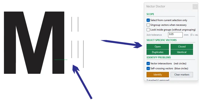 Stray open lines next to the M: the Open button selects them, ready to delete.