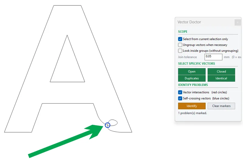 A self-crossing loop in the letter A, marked with a blue circle after Identify.